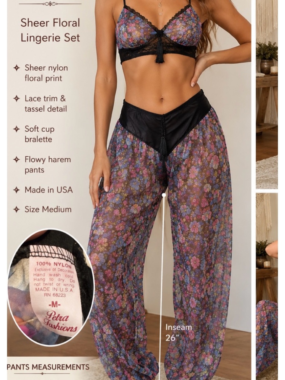 Vintage Petra Fashions Sheer Floral Lingerie‎ Lounge Set Boho Harem Pants USA M